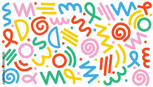 Vibrant playful retro 80s, 90s  multicolor vector memphis seamless patterns circles, dots, zigzags, spirals, wavy lines. Doodle fun kid backgrounds. Childish geometric design for fabric, textile. pink