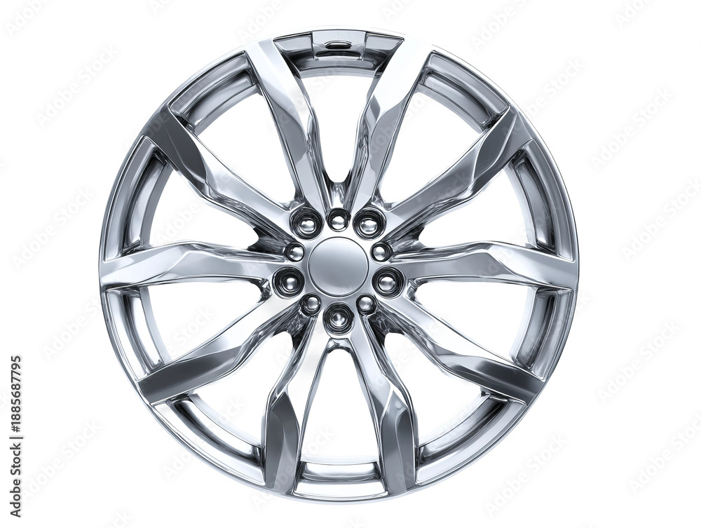 Obraz premium A close-up view of a car rim with a shiny, polished finish and an intricate design. The alloy wheel gleams, reflecting the light with its metallic surface Isolated Transparent Background, PNG
