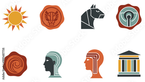 Diverse Icon Collection Featuring Sun, Lion Seal, Horse Head, Target, Human Profiles, and Ancient Temple on Isolated White Background