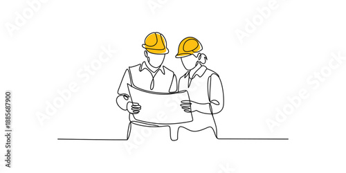 Continuous line drawing of Man and Women two construction workers reviewing blueprints with yellow hard hats minimalist vector illustration.