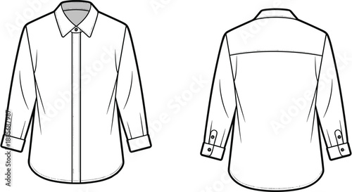 Front and back view of a white long-sleeved collared button-up shirt fashion flat sketch on a white background