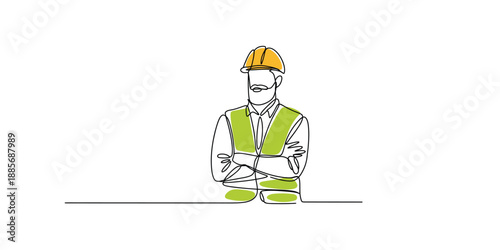 Continuous one line drawing of Construction worker wearing safety vest and hard hat.