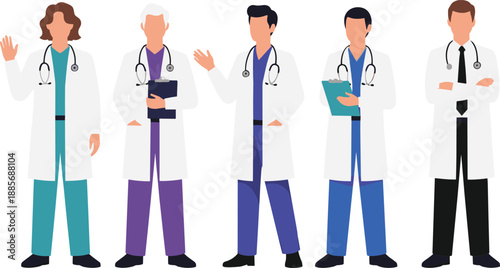 Medical doctors characters illustration set with healthcare professionals wearing white coats hospital staff vector design