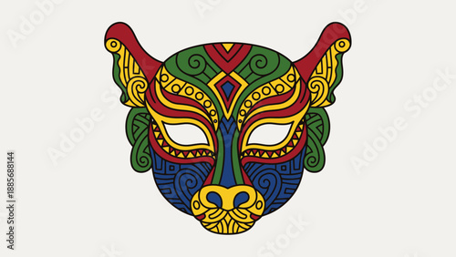 Colorful Stylized Tribal Jaguar Mask Illustration on Light Gray Background, Ancient Ethnic Culture Totem Art