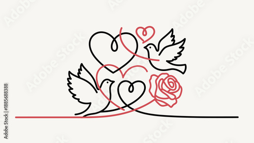 Romantic Love Birds and Hearts Line Art on Isolated White Background, Doves Symbolizing Affection, Valentine's Day Design.