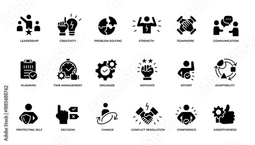 Soft Skills icon pack collection glyph black. Vector illustration