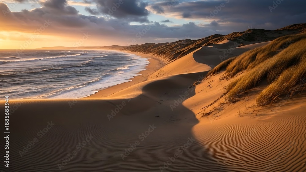 Obraz premium Serene beach at sunset with sand dunes.