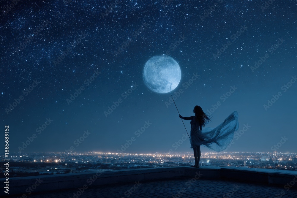 Fototapeta premium Silhouette of woman holding moon on rooftop at night