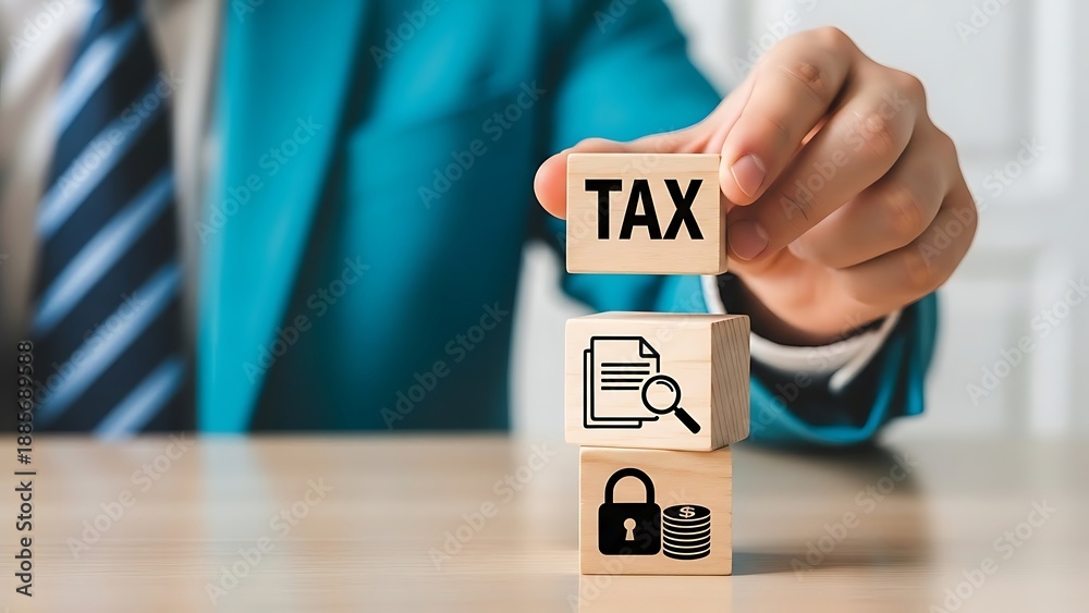 Naklejka premium Businessman building tax document and lock blocks on wooden desk in office