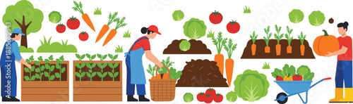 People gardening and harvesting vegetables illustration with farming organic agriculture teamwork vector design