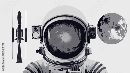 Astronaut helmet with rocket and moon illustration in a minimalist style