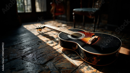 Beautiful shot of black classic guitar is on the wooden floor and sunlight shining to guitar.