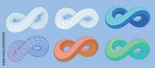 3D Infinity Symbol Set with Wireframe Mesh Grid Design. Isometric Mobius Loop Elements for Technology, Mathematics, and Innovation Concept. Abstract Endless Connection Icons in Various Colors