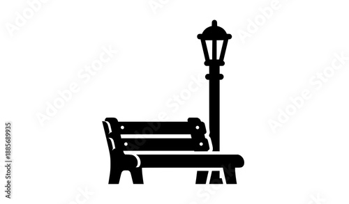 Park Bench and Lamp Silhouette Vector Illustration Isolated on White Background