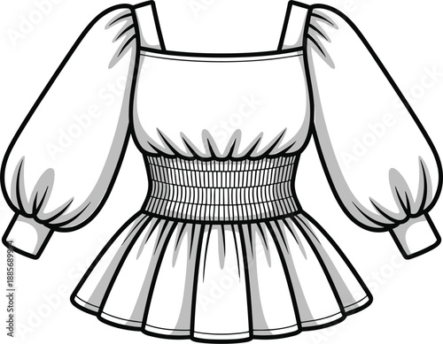 White square neck peasant blouse with smocked elastic waist and voluminous puff sleeves flat sketch