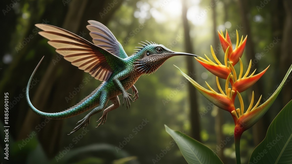 Fototapeta premium A hummingbird in flight with wings spread, hovering near a vibrant flower in a lush, green forest setting.