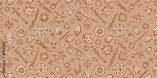 A repeating pattern of swords shields gems and stars in brown tones