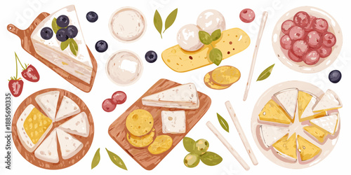 A colorful assortment of desserts cheeses and fresh berries on a white background