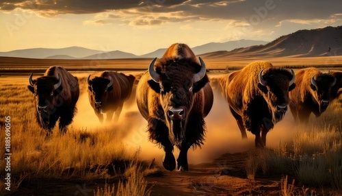 American Bison Herd - Majestic Giants Roaming the Plains at Sunset.