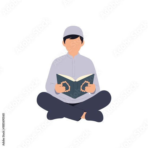 Man sitting cross-legged reading a book with a calm expression.