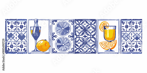 A decorative pattern featuring citrus fruits wine and traditional tile designs