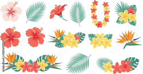 Watercolor tropical flowers and leaves illustrations in various colors and arrangements on white background