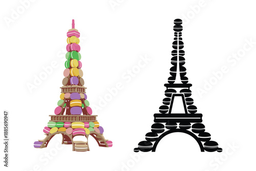Eiffel Tower made of macarons in colorful and black silhouettes on white background
