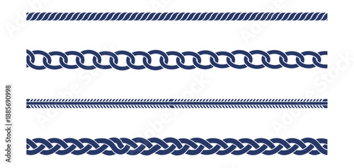 Blue rope borders, seamless pattern on white background, nautical design elements