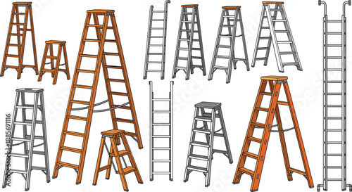 Step ladder and extension ladder icons set with wooden aluminum climbing equipment vector illustration