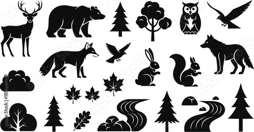 Black silhouettes of forest animals and trees on white background