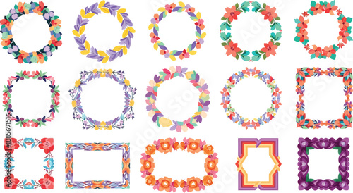 Collection of colorful floral borders and frames for decoration and design