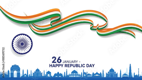 Indian Republic Day vector banner with tricolor ribbon, Ashoka Chakra, and blue cityscape silhouette on white background