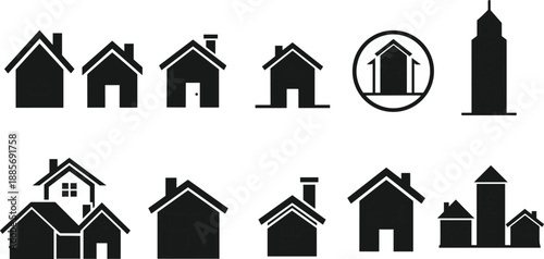 Black House and Building Silhouettes Set with Residential Home Icons Skyscraper Profiles and Real Estate Symbol Elements Isolated on White Background for Architectural Vector Design