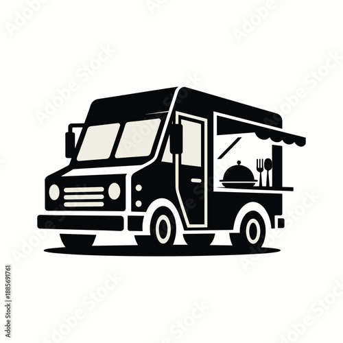 Black and white food truck with serving window and utensils vehicle vector illustration isolated on white background.