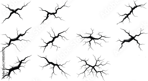 Black Ground Crack Silhouettes Set with Earthquake Fissures Broken Surface Textures and Wall Crevice Icons Isolated on White Background for Vector Graphic Design