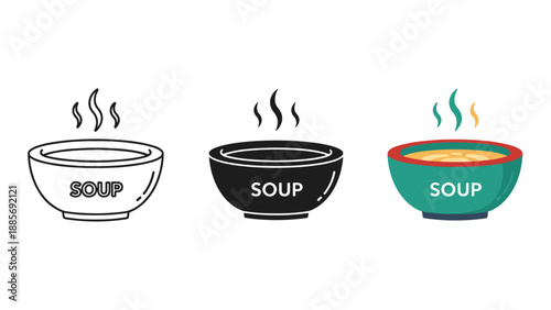 Three bowls of soup on white background