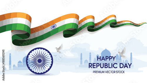 Indian Republic Day vector banner with waving tricolor flag, Ashoka Chakra, doves, and silhouette of Taj Mahal, isolated on white