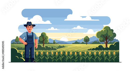Vector illustration of a USA farmer standing proudly in a cornfield at sunrise, representing modern American agriculture, sustainable food production, and rural lifestyle in flat vector style