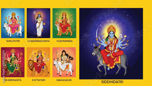 Navadurga goddesses vector illustration set, Hindu deities, religious festival, spiritual artwork, Durga Puja, isolated on white