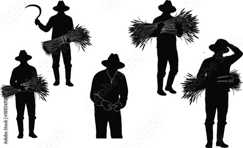 Vector illustration of farming silhouettes—symbols for agriculture, harvest, labor, tradition, rural work, manual tools, crops, livelihood, and field activity