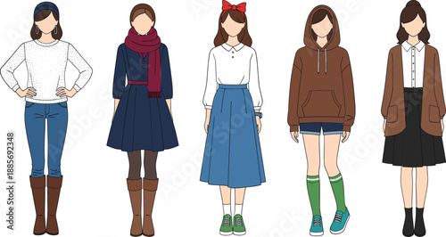 Women casual fashion outfits icons set with modern clothing styles seasonal apparel vector illustration