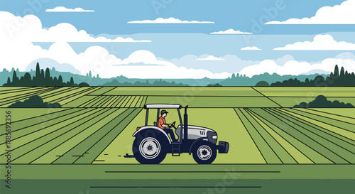 Vector illustration of a USA farmer driving a tractor across farmland, showing mechanized agriculture, productivity, and modern rural farming life in clean flat vector style