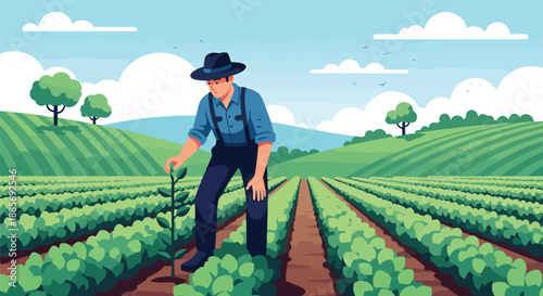 Vector illustration of a USA farmer inspecting crops in neat rows, reflecting careful crop management and sustainable agriculture in a modern rural flat vector scene