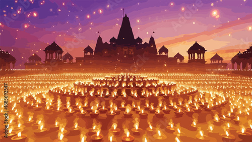 Vector illustration of a Hindu temple at sunset with thousands of glowing oil lamps and candles, traditional Diwali festival celebration