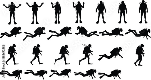 Black Scuba Diver Silhouettes Set with Deep Sea Divers Swimming Floating and Standing Poses Isolated on White Background for Underwater Marine Vector Graphic Design