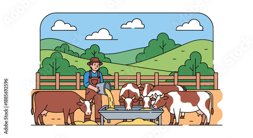 Vector illustration of a USA farmer feeding cattle in a barnyard, showing livestock care and balanced American farm life in a clean flat vector illustration style