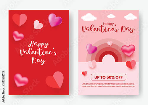 Valentine celebration party poster flyer invitation template with romantic theme, shiny 3D heart elements and modern vector illustration background