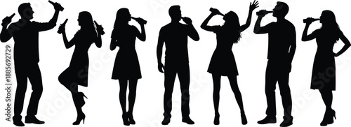 Vector illustration of drinking silhouettes—symbols for beverage, refreshment, hydration, lifestyle, social activity, motion, posture, casual moment, and human gesture