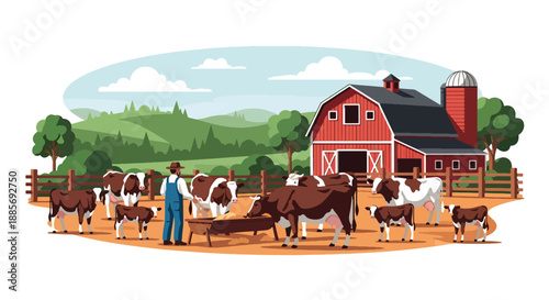 Vector illustration of a USA farmer feeding cattle in a barnyard, showing livestock care and balanced American farm life in a clean flat vector illustration style