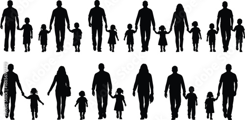 Black silhouette collection of diverse parents and children walking together holding hands isolated on white background depicting family unity, fatherhood, motherhood, and childhood.